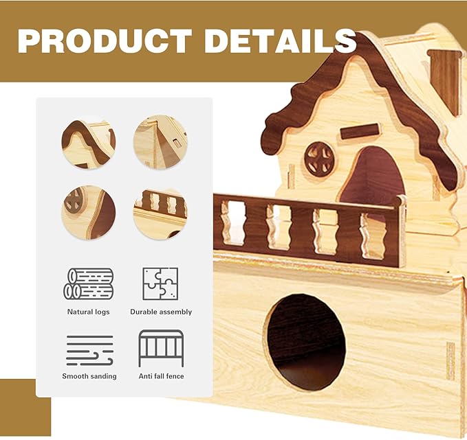 Wooden Hamster Platform and Dwarf Hamster House,Cute Syrian Hamster Tiny House Hideout,Large Balcony Lookout Holes,for Dwarf Gerbils and Mouse Mice Rat Other Small Animals(G)