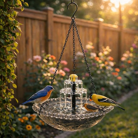 Solar Fountain for Bird Bath，Solar Cascade Hanging Bird Bath Fountain，Large Humming Birds Baths Fountains, with Solars Pump & Glass Bowl, for Outdoor, Gardens (Gray)