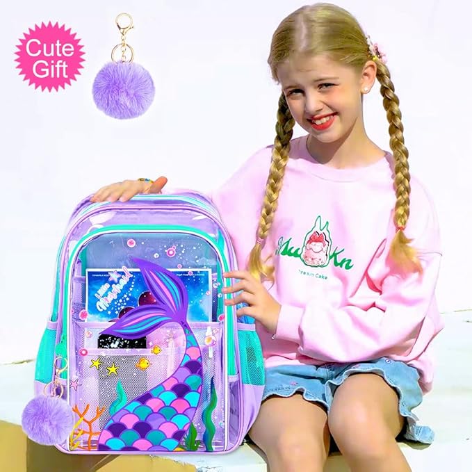 AGSDON 3PCS Mermaid Clear Backpack for Girls, 16" Transparent Bookbag Heavy Duty, Cute See Through Backpacks with Lunch Bag - Purple Mermaid
