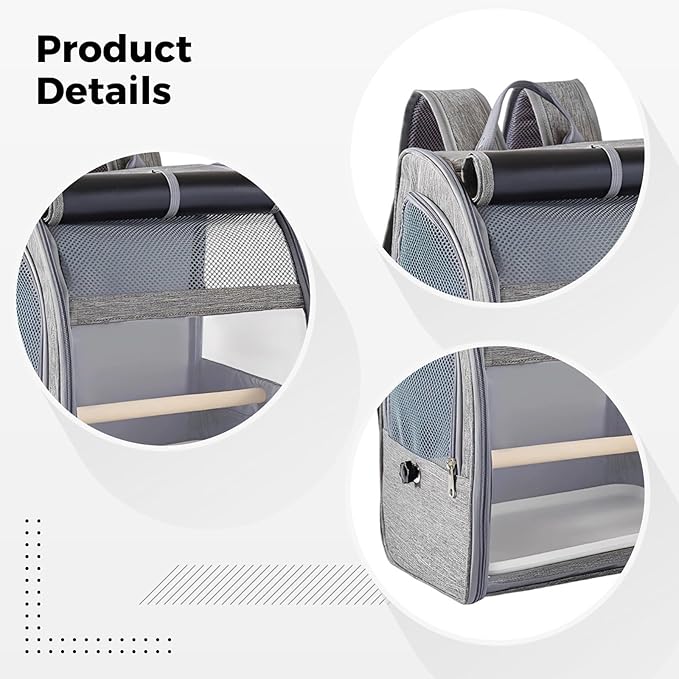 Parrot Backpack Travel Cage; 12.2 X 9.6 X 15 in Breathable Bird Carrier; Gray Backpack with Mesh Window; Removable Perch and Tray