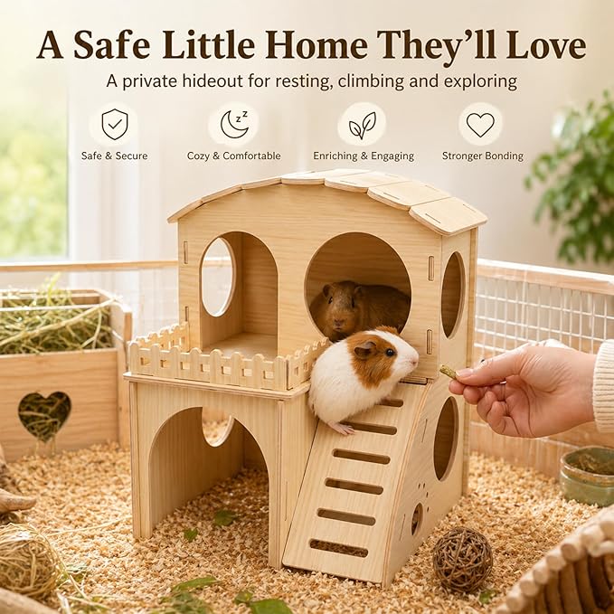 Large Guinea Pig Hideout Place, Double Layered Wooden Hamster House with ramp and Hamster Platform. Suitable for Hiding Places for Small Animals Such as Guinea Pigs, Hamsters, Rabbits, etc.