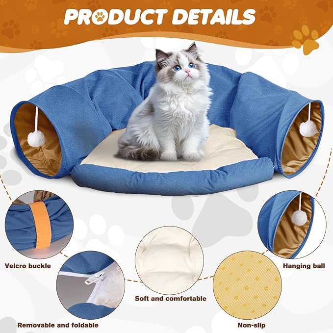 Spardar Bunny Tunnel Bed, 2-in-1 Collapsible Tunnel Tubes Toys, Washable, with Removable Mat Hideout, Interactive Toys for Rabbits Chinchilla Hedgehog Guinea Pigs Kitty, Blue