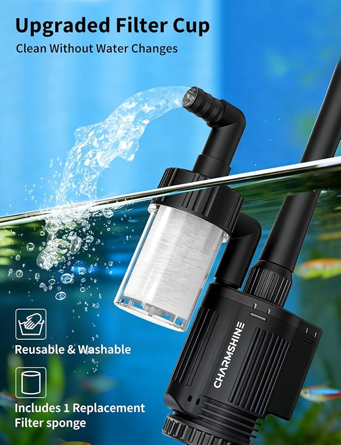 Gravel Vacuum for Aquarium, 6 in 1 Fish Tank Cleaner Tool Kit Electric Vacuum Gravel Cleaner for Aquarium Automatic Water Change, Wash Sand, Water Circulation,With Filter Cup, Hose Clamp (370GPH 22W)