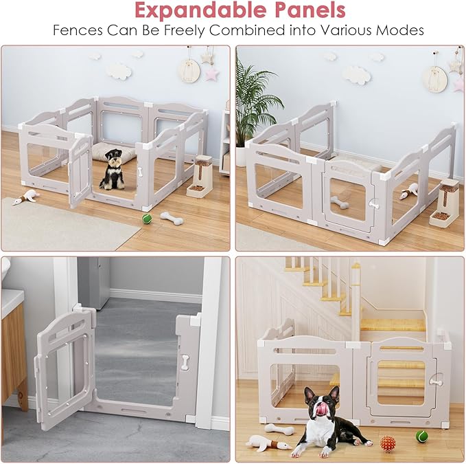 Acrylic Dog Playpen Indoor, Puppy Cat Small Pet Play Pen, 50.8" L x 50.8" W x 23.6" H Clear PlayPen for Cat Rabbit Ferret, Dog Fence Crate Whelping Cage (Apricot Gray, 8 Panel)