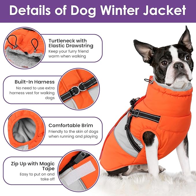 Dog Coat, XXXL Dog Jacket Winter with Harness Built in, Waterproof Pet Snow Jacket with Furry Collar for Chilly Day, Reflective Fleece Snowsuit for Extra Large Dogs, Orange 3XL