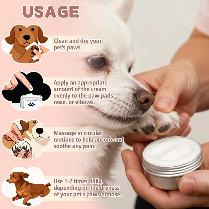 Dog Paw & Nose Balm for Dry Cracked Paws, Lick-Safe Natural Paw Pad Balm for Dogs & Cats, Moisturizing Protection from Snow, Salt & Hot Pavement, 60g