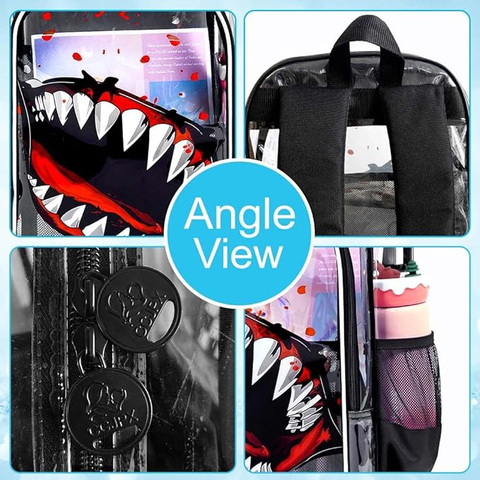 16" Shark Clear Backpack for Boys - 3Pcs School Stadium Approved Transparent Set, Campus See Through Bookbag with Lunch Box (Black)