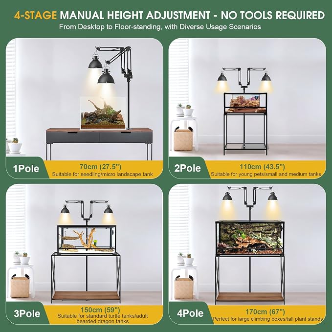 MECESOR Dual Reptile Lamp Stand,15.7-74.3 Inch Height Adjustable Reptile Light Stand,360°Rotatable Flexible Arms,Heat Lamp Stand for Reptiles Tank,Terrariums,Amphibian Cages&Plants