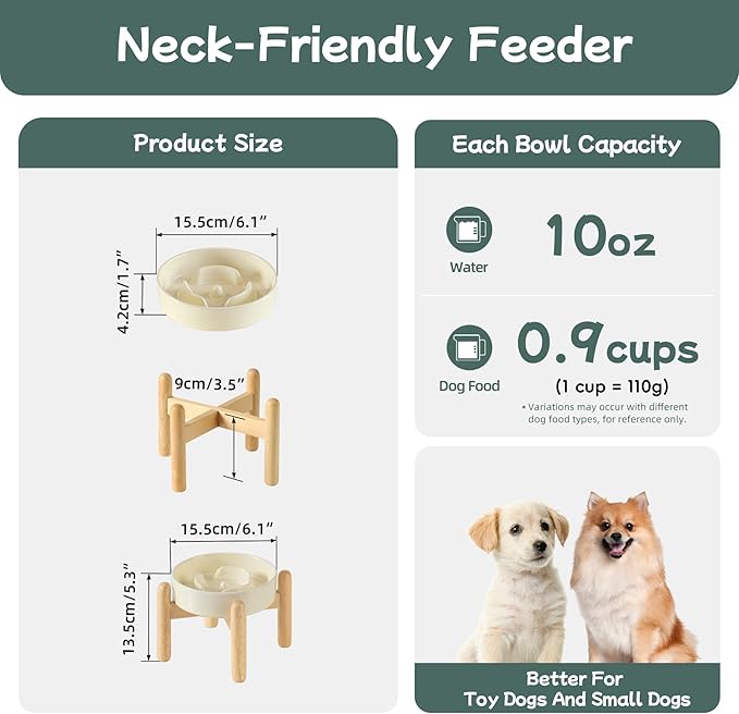 Havniva Ceramic 0.9 Cup Raised Dog Slow Feeder Set, Elevated Bowl with Wooden Stand for Small Dog and Cat, 6.1inch Puzzle Slow Dog Food Dish, Anti-Gulping(Light Yellow, Single Bowl+ Stand)