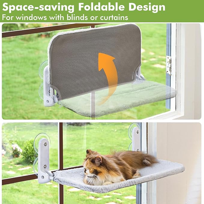 Zoratoo Cordless & Foldable Cat Window Perch with Metal Frame and Reversible Washable Cover Pet Hammock Bed, 4 Large Suction Cups Window Resting Seat for Indoor Cats Kittens (Grey - M)