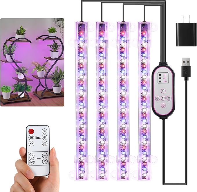 Hywyimlait 7.8'' Growing Lamp for Indoor Plants, Red & Blue & Yellow Full Spectrum, LED Grow Light Strips with 4/8/12H Timer,10 Dimmable Levels for Green House Succulent,4 Head