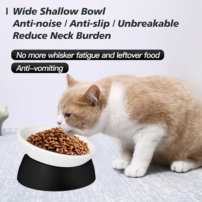 Elevated Cat Bowls, 2 Pack Adjustable Raised Slanted Food Bowls for Cats and Small Dogs, Wide Shallow PP Dishes with TPR Non Slip Bases, Whisker Friendly, 17 oz Each