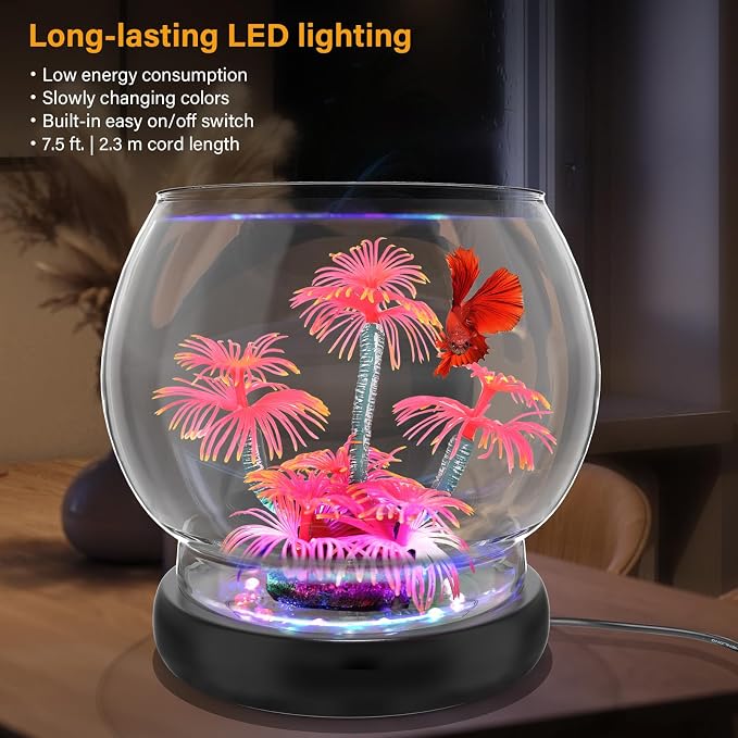 hygger 0.5 Gallon/1 Gallon Glass Fish Bowl with LED Light and Decor, Small Round Betta Fish Tank Goldfish Bowl, Round Clear Unbreakable Aquarium/Vase/Hydroponic Plant Terrarium, Nice Centerpieces