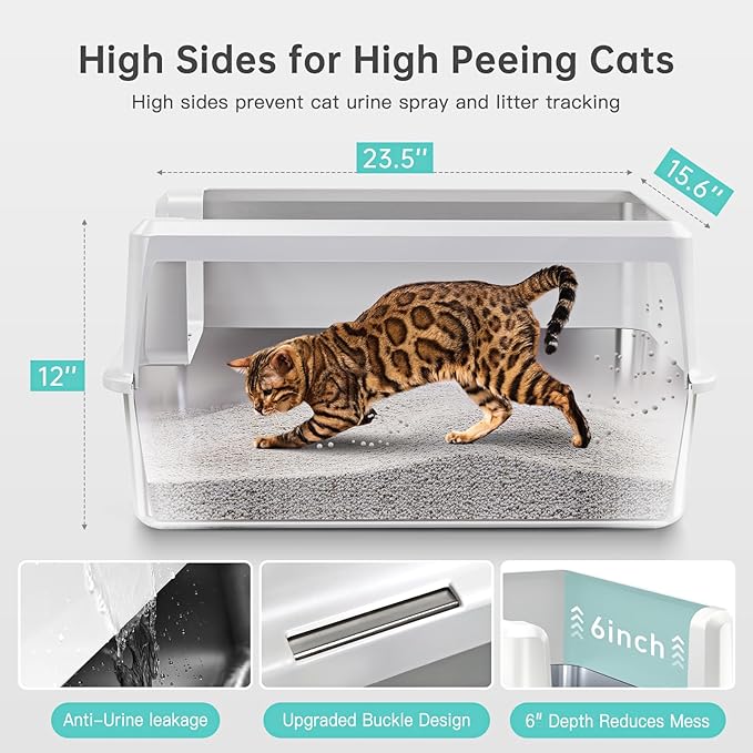 WoofiGo Stainless Steel Cat Litter Box with Lid, XL Metal Litter Box for Big Cats, Extra Large Litter Box with High Sides, Never Absorbs Odors, Non-Sticky, Easy Clean, Anti-Urine Leakage, with Scoop