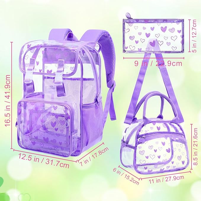17" Love Heart Clear Backpack for Girls - 3Pcs Flip Design Stadium Approved Set, Campus/Travel Transparent Bookbag (Purple)