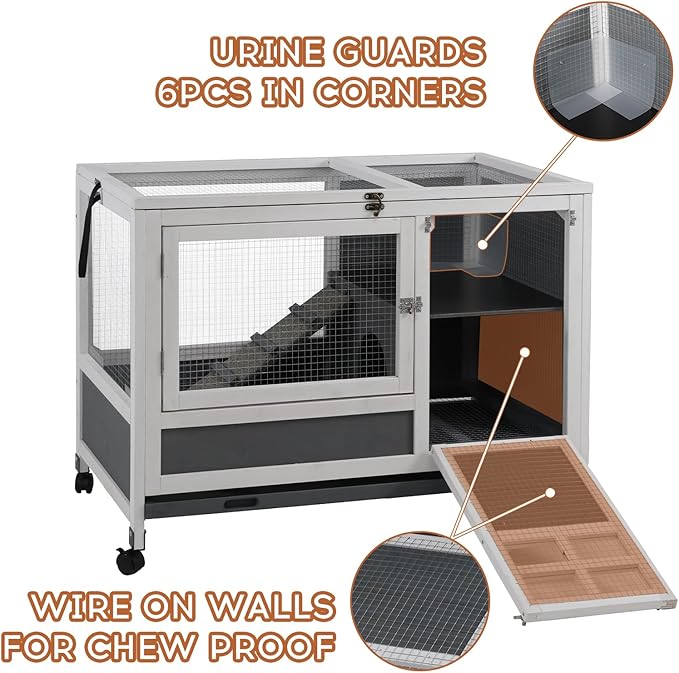 Rabbit Hutch Indoor Rabbit Cage with Chew-Proof Ramp & Leak-Proof Trays Urine Guards/Netting Floor,Doors.37 Wooden Rabbit Cage with Wheels for Rabbits, Guinea Pigs Small Animal