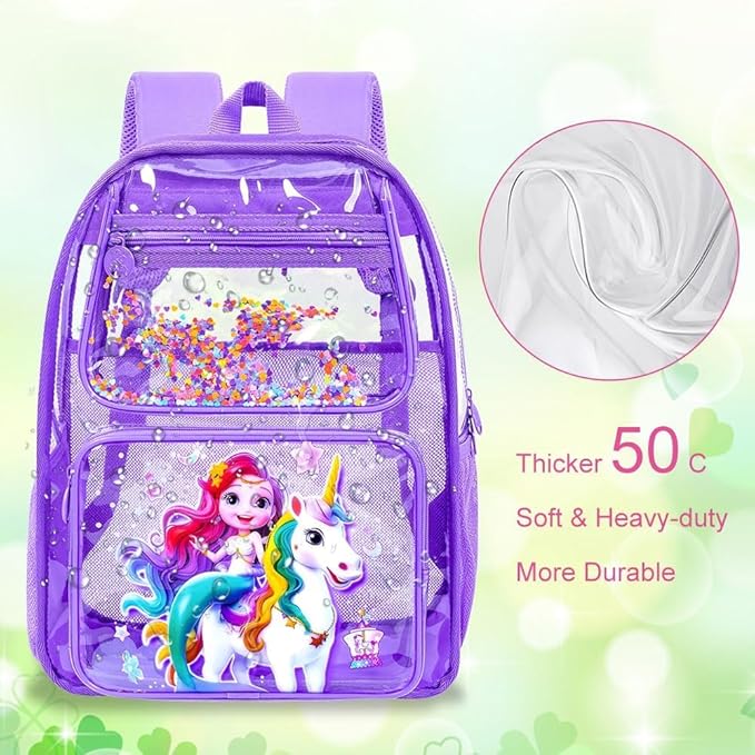 3Pcs Clear Backpack for girls, 16" Mermaid Unicorn Transparent Bookbag, Large See Through PVC School Backpacks with Lunch Box(Purple)