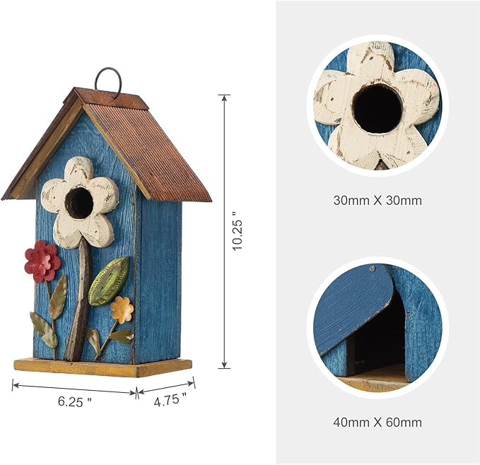 Glitzhome Hanging Bird House for Outdoor, 10.2" H Decorative Birdhouse Pet Cottage Distressed Wooden Bluebird House with 3D Flowers for Outdoor Patio Garden, Washed Blue