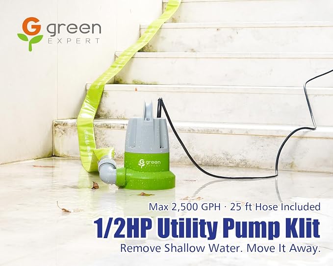 Green Expert 1/2 HP Submersible Utility Pump Kit with 25 ft x 1.5 in Lay-Flat Discharge Hose, 2500 GPH Manual Plug-in Household Water Removal, Last-Inch Drainage for Basement Pool Hot Tub