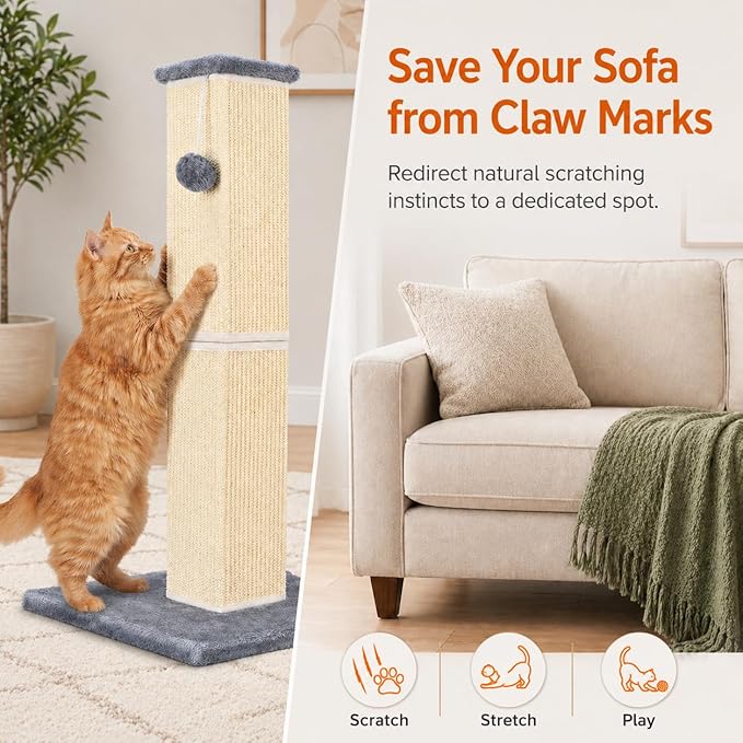 32" Tall Cat Scratching Post for Large Indoor Cats & Kittens, Cat Scratcher with Extra Large Stable Base and Natural Sisal, Sturdy Cat Scratch Post to Protect Furniture & Couch, Grey
