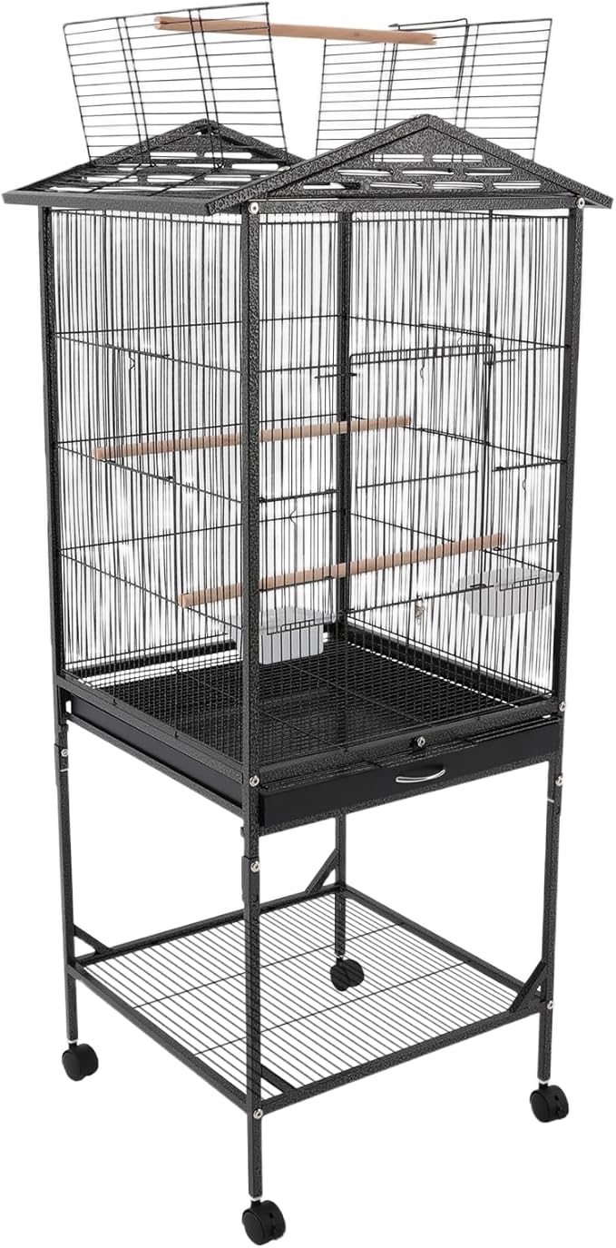 53.5 Inch Iron Bird Cage, Large Parakeet Cages with Play Open Top and Rolling Stand, Bird House with Detachable Stand and Pull-Out Tray for Cockatiels, Parrots, Lovebirds, Canaries (Black, Style A)