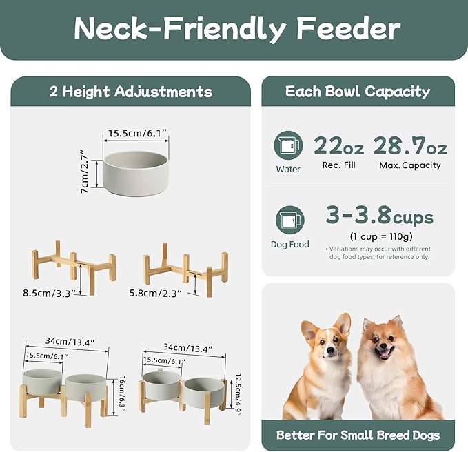 Havniva Ceramic Raised Double Bowls Set with Stand, 2 Heights Elevated, Food & Water Bowls for Small Breed Dogs, Weighted Dog Dishes, Pet Bowl(6.1'',28.7oz, Grey)