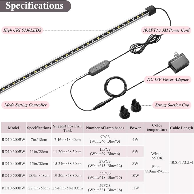 Dirvin LED Fish Tank Light with Timer, 24/7 Mode & 3 Color Aquarium Light | Submersible Adjustable Brightness, IP68 Waterproof, Sunrise-Daylight-Moonlight, Auto On/Off for fresh and salt water, 10W