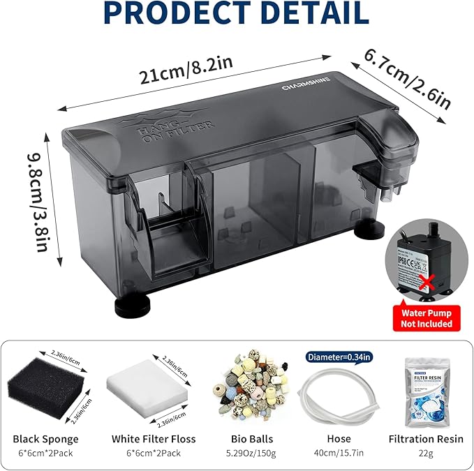 Hang-on-Back Aquarium Filter Box with Reusable Filter Media, Waterfall Oxygenation, Fits High & Low Water Level, for 5-10 Gallon Fish & Turtle Tank (Pump Not Included)