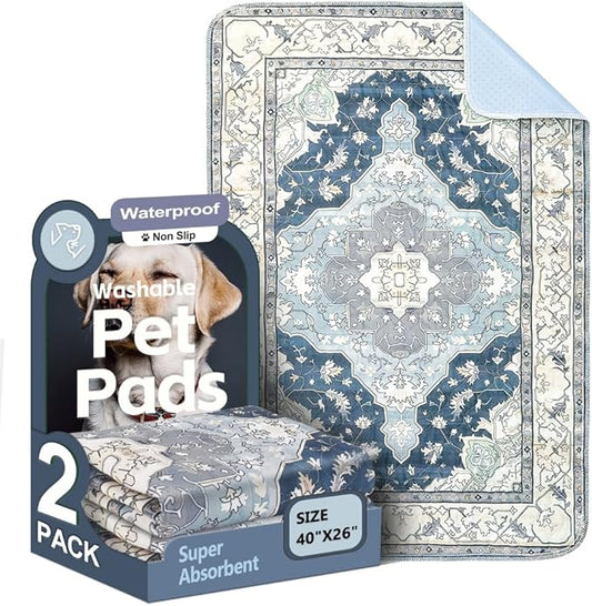 Washable Pee Pads for Dogs, 2 Pack Reusable Puppy Training Pads 40"x26" Super Absorbent Waterproof Dog Training Pads, Non-Slip Potty Pads, Whelping Pads Litter Mat Navy & Ecru