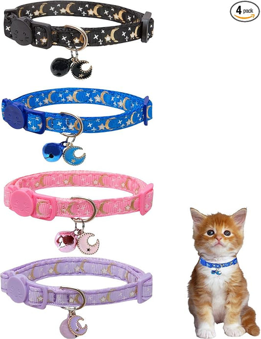 4 Pack Breakaway Cat Collar with Bell,Safety Adjustable Cat Collars Set with Moon and Star Pattern,Ideal for Girl Cats Boy Cats