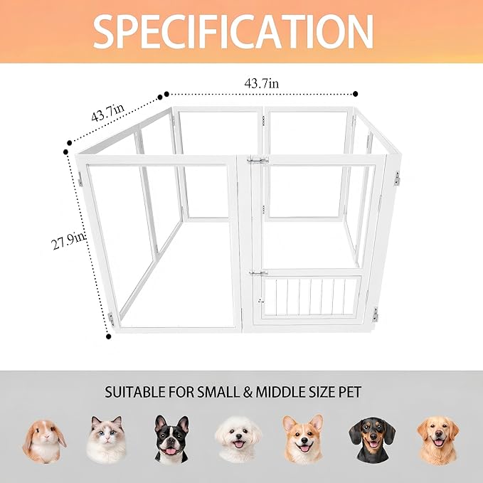 Acrylic Dog Playpen with Door, 27.9“ Height, Heavy Duty Clear Pet Pen, Dog Fence Crate Kennel Whelping Cage, Ideal for Small to Medium Dogs, Cats, and Other Small Pets (White)
