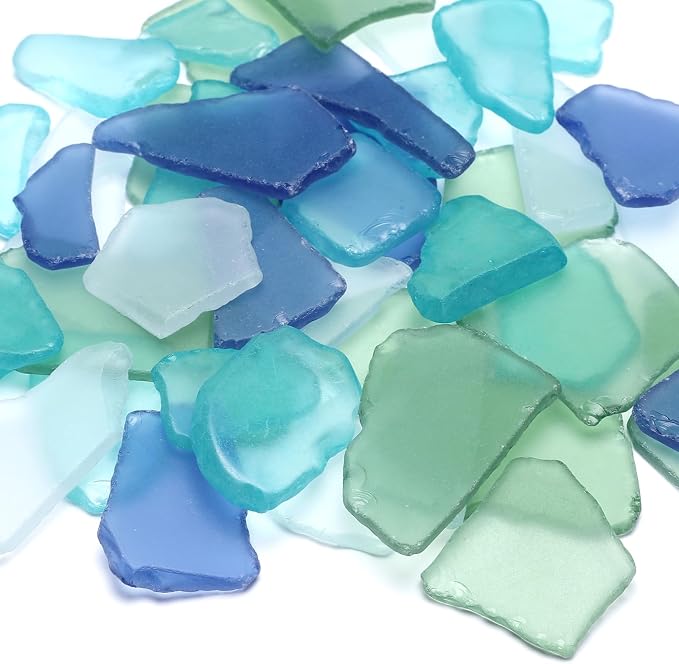 SUREAM Glass Pieces for Crafts, Multiple Color Sea Glass Beads for Aquarium Nautical Décor, Seaglass Art for Christmas Tree Decor(Blue+Green+White)