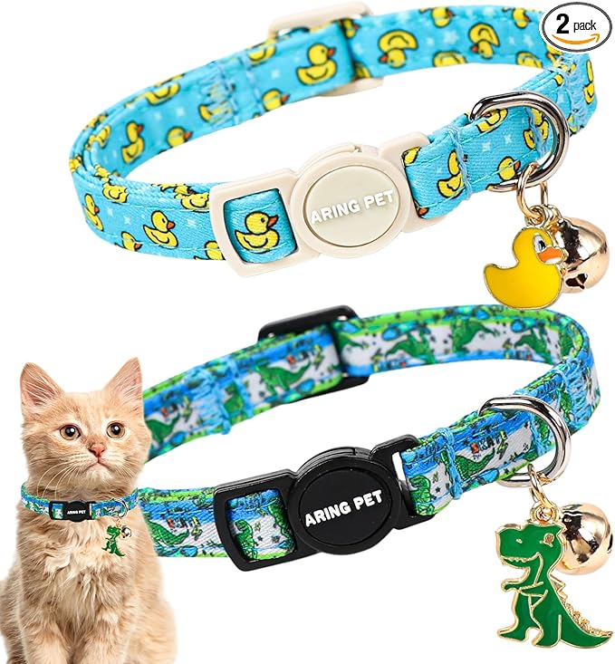 ARING PET 2 Pack Cat Collars with Bell, Cute Summer Soft Cotton Kitten Kitty Breakaway Cat Collars for Boy Girl Cats-Dinosaur & Duck