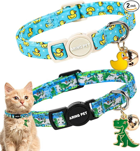 ARING PET 2 Pack Cat Collars with Bell, Cute Summer Soft Cotton Kitten Kitty Breakaway Cat Collars for Boy Girl Cats-Dinosaur & Duck
