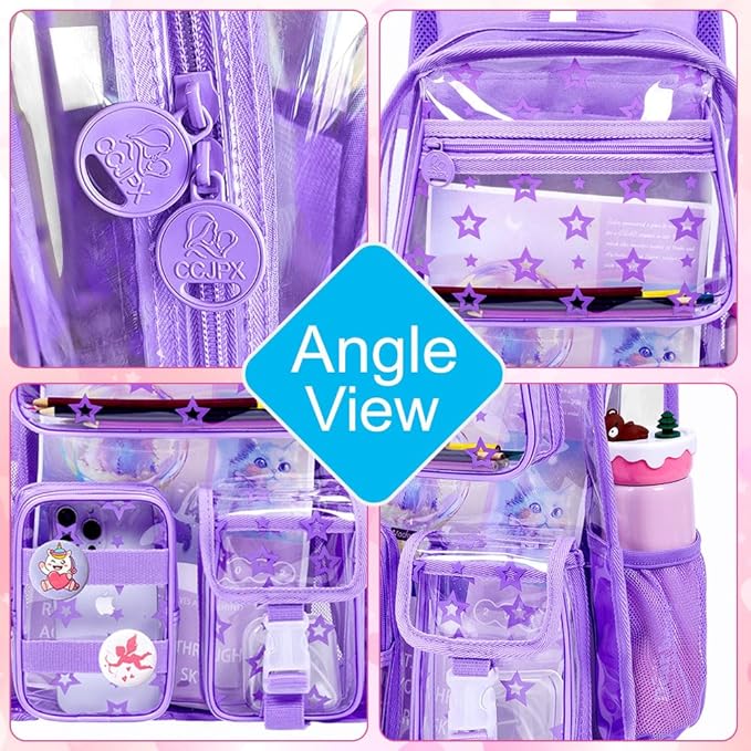 CCJPX 3Pcs Clear Backpack for Girls, School Transparent Bookbag, Heavy Duty See Through Backpacks for Teens Elementary