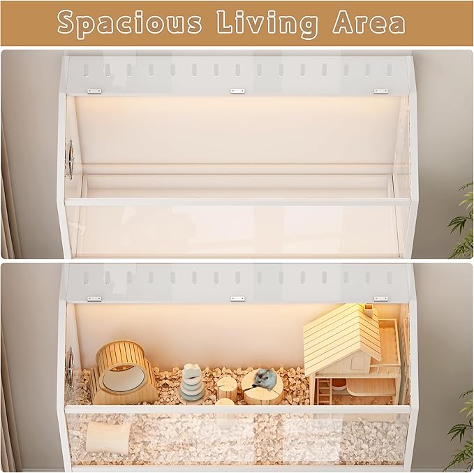 Pipleo Hamster Cage with Storage Cabinet,43.3" Small Animal Cage with LED Lights and Fan, Easy View Acrylic Panel, Large Habitat for Guinea Pig, Hedgehog,Rat 43.3"x 15.7"x 43.3"