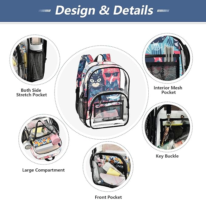 Bolaz Clear Backpack for School Cats Wear Glasses Transparent Bookbag for Girls See Through PVC Boy Backpacks