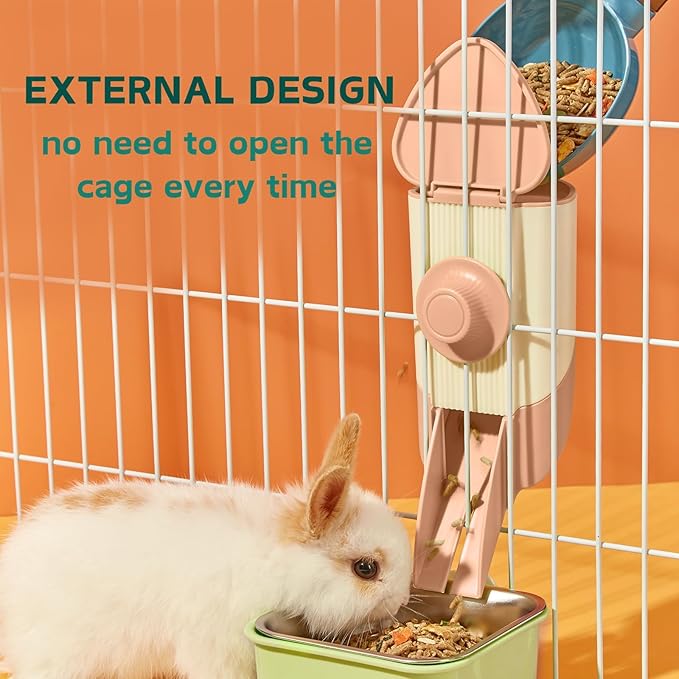 Rabbit Hay Feeder, 3-in-1 Feeding Set with Food Bowl and Hanging Funnel for cage, Hay Rack for Bunny Guinea Pig Chinchilla (Pink)