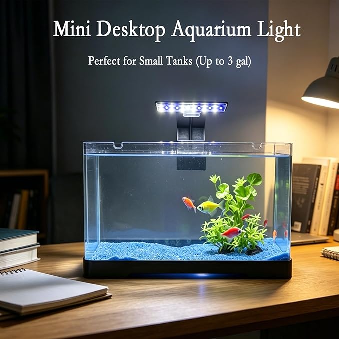 Mini Clip On Aquarium Light 7W Full Spectrum Fish Tank Light with 3 Colors & Dimmable Brightness, USB Moving Small LED Fish Lamp for 1-3 Gallon Tanks