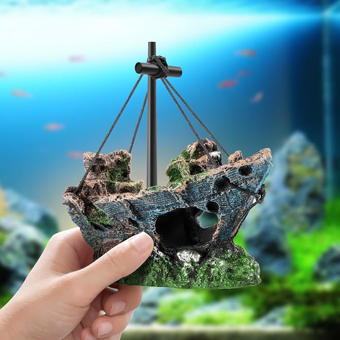 CousDUoBe 8 Pack Fish Tank Decoration Set Aquarium Accessories，Sunken Ship Decoration Aquarium Plants — Safe Resin Fish Tank Decor for Betta, Shrimp (5.3 x 2.5 x 4.5 inches)