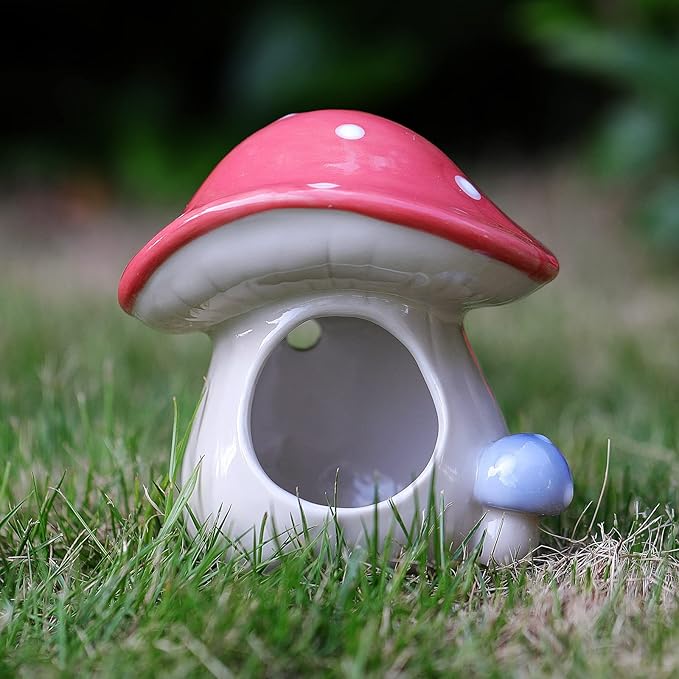 Safe Hamster Bed Mushroom-Shaped Hut with Ceramic for Small Animal All-Season Hideout
