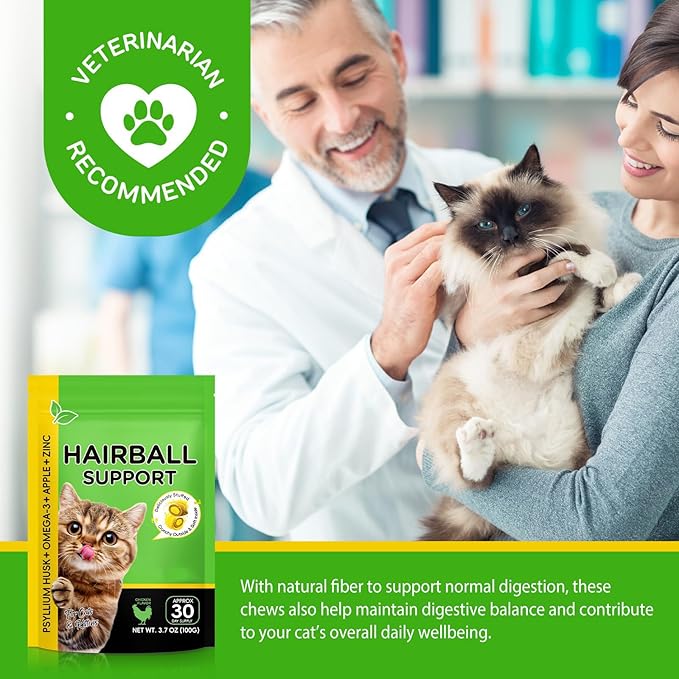 Cat Hairball Support Treats with Psyllium Husk & Omega-3, Chicken Flavor Soft & Crunchy Bites for Ingested Hair Elimination, Digestive & Skin Health, 3.7 oz (100g)