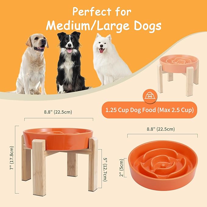 Elevated Slow Feeder Dog Bowl Large Breed, 8.8 Inch Ceramic Slow Eating Bowl with Bamboo Stand, Anti-Choking Raised Maze Design for Medium to Large Dogs, 3.2 Cup, Orange