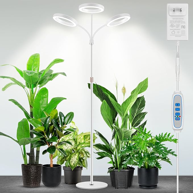 Floor Plant Light, 3 Head Full Spectrum Grow Light with Base | 252 LEDs 6000K Grow lamp,12V,23''-67'' Height Adjustable,3 Color Modes & 5 Dimmable,Timer 6/12/16H,for Large Plants