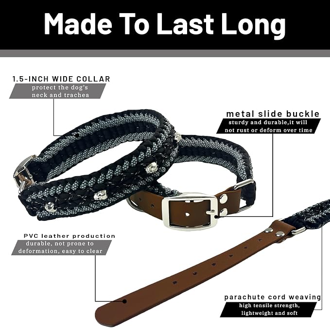 Paracord Dog Collar, Adjustable Soft Nylon Pet Collars for Medium Large Dogs(19"-23"), Stylish Pet Gear for Boys, XL(Set of 1, Black Skull Collar+Leash)