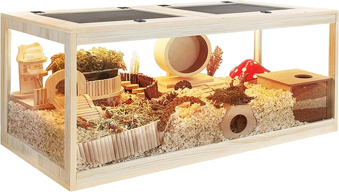 PROLEE Hamster Cage with Metal Mesh Top, Chewproof Wooden Guinea Pig Cages, Mice and Rat Habitat,Large Hamster Cages with Acrylic Sheets Solid Built (48X20X20 Inch)