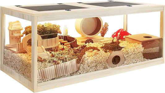 PROLEE Hamster Cage with Metal Mesh Top, Chewproof Wooden Guinea Pig Cages, Mice and Rat Habitat,Large Hamster Cages with Acrylic Sheets Solid Built (48X20X20 Inch)