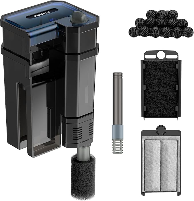 Pawfly 3 W Aquarium Filter, 15 Gallon Fish Tank Filter, 60 GPH Hang on Back Aquarium Filter with Adjustable Water Flow, Sponge, Bio Balls & Extendable Intake Tube, Ultra Quiet HOB Filter