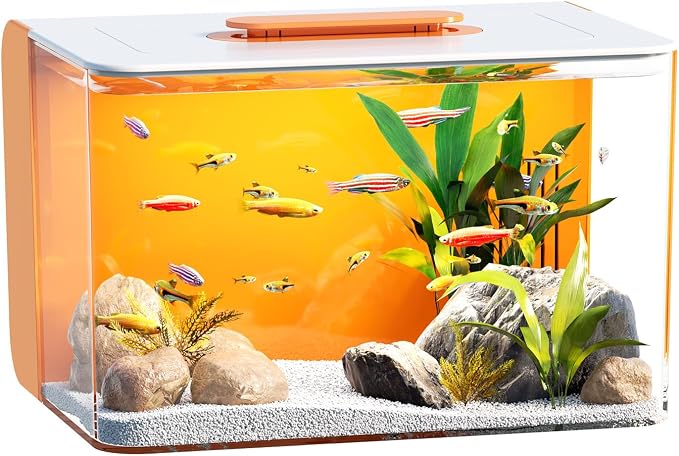2.5 Gallon Fish Tank Small Aquarium Kit for Betta, Shrimp, Guppy, Acrylic | Hidden Filtration, Self-cleaning, Ultra-quiet, 3 Color Light, 10 Brightness, Adjustable Water Flow, Round Corner