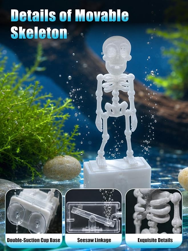 Dancing Skeleton Aquarium Bubbler, Halloween Fish Tank Decor(Clear) | Adjustable airflow with 1m hose & valve. Safe resin, for freshwater/saltwater tanks. Air pump not included.